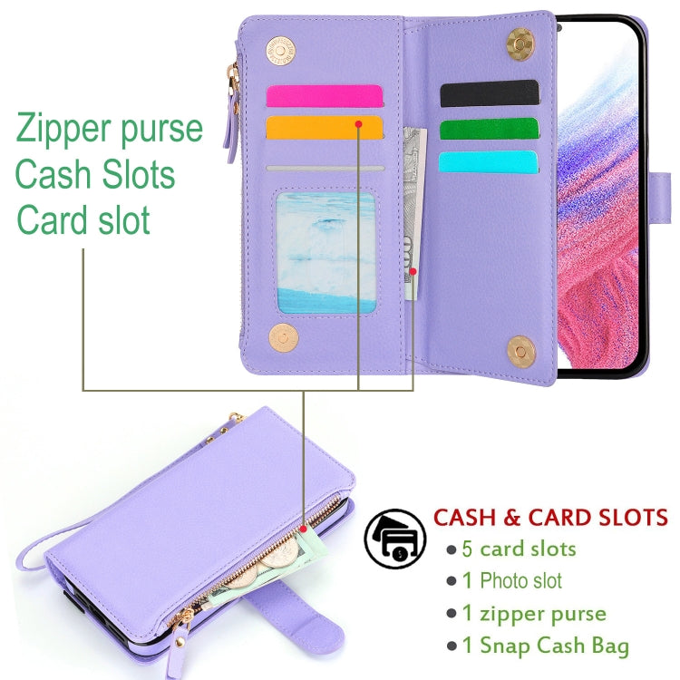 For Samsung Galaxy S24 5G Wristband Holder Zipper Purse RFID Leather Phone Case(Purple) - Galaxy S24 5G Cases by PMC Jewellery | Online Shopping South Africa | PMC Jewellery | Buy Now Pay Later Mobicred