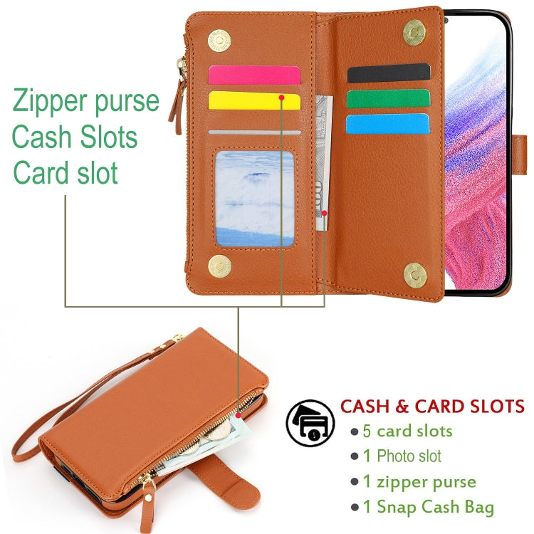 For Samsung Galaxy S24+ 5G Wristband Holder Zipper Purse RFID Leather Phone Case(Brown) - Galaxy S24+ 5G Cases by PMC Jewellery | Online Shopping South Africa | PMC Jewellery | Buy Now Pay Later Mobicred