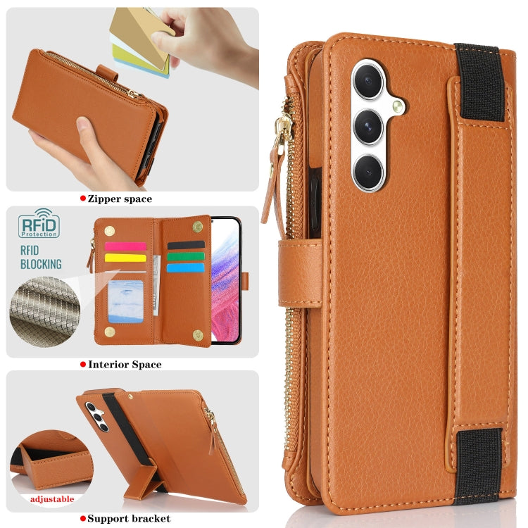 For Samsung Galaxy S24+ 5G Wristband Holder Zipper Purse RFID Leather Phone Case(Brown) - Galaxy S24+ 5G Cases by PMC Jewellery | Online Shopping South Africa | PMC Jewellery | Buy Now Pay Later Mobicred