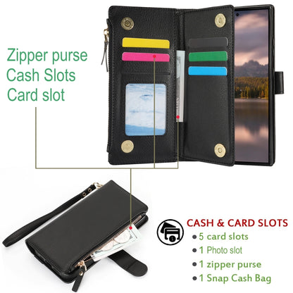 For Samsung Galaxy S24 Ultra 5G Wristband Holder Zipper Purse RFID Leather Phone Case(Black) - Galaxy S24 Ultra 5G Cases by PMC Jewellery | Online Shopping South Africa | PMC Jewellery | Buy Now Pay Later Mobicred