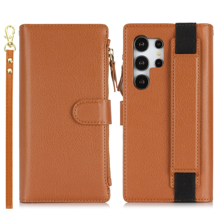 For Samsung Galaxy S24 Ultra 5G Wristband Holder Zipper Purse RFID Leather Phone Case(Brown) - Galaxy S24 Ultra 5G Cases by PMC Jewellery | Online Shopping South Africa | PMC Jewellery | Buy Now Pay Later Mobicred