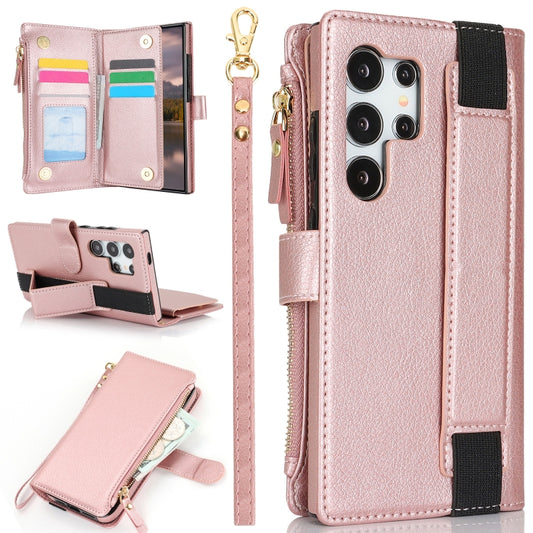 For Samsung Galaxy S24 Ultra 5G Wristband Holder Zipper Purse RFID Leather Phone Case(Rose Gold) - Galaxy S24 Ultra 5G Cases by PMC Jewellery | Online Shopping South Africa | PMC Jewellery | Buy Now Pay Later Mobicred