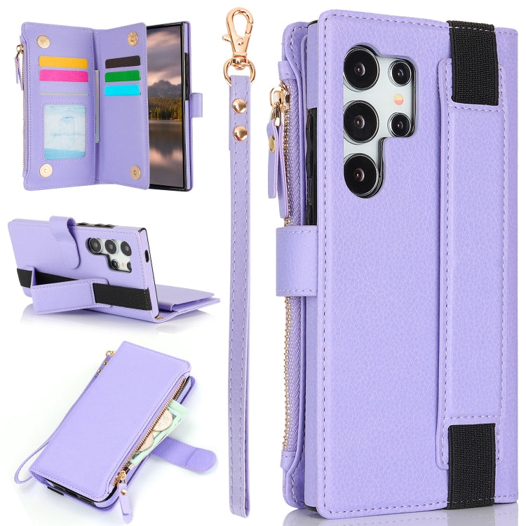 For Samsung Galaxy S24 Ultra 5G Wristband Holder Zipper Purse RFID Leather Phone Case(Purple) - Galaxy S24 Ultra 5G Cases by PMC Jewellery | Online Shopping South Africa | PMC Jewellery | Buy Now Pay Later Mobicred