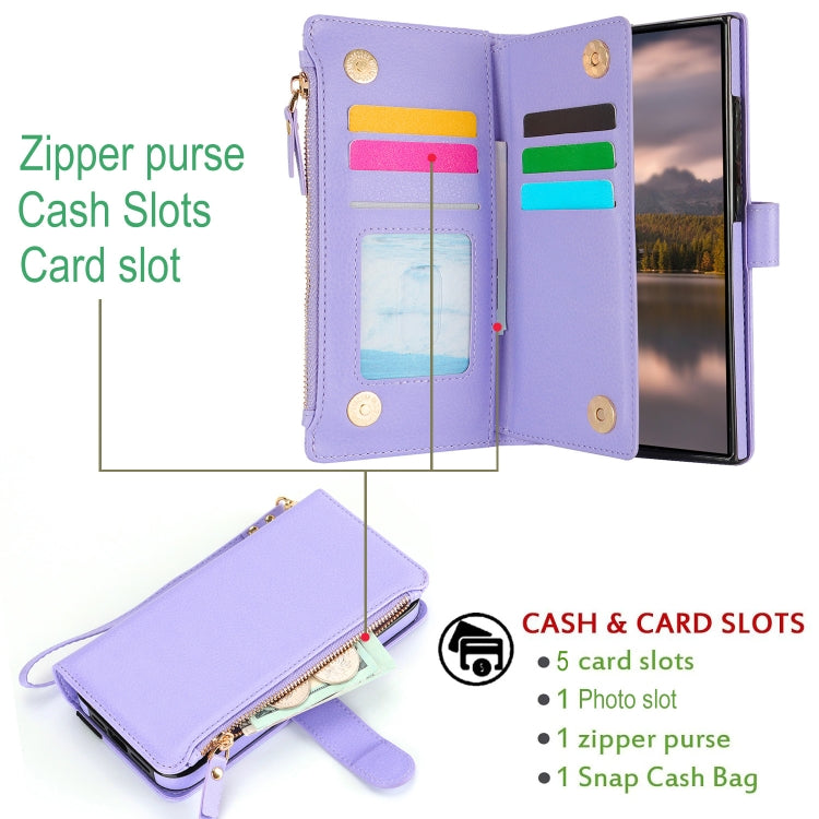 For Samsung Galaxy S24 Ultra 5G Wristband Holder Zipper Purse RFID Leather Phone Case(Purple) - Galaxy S24 Ultra 5G Cases by PMC Jewellery | Online Shopping South Africa | PMC Jewellery | Buy Now Pay Later Mobicred