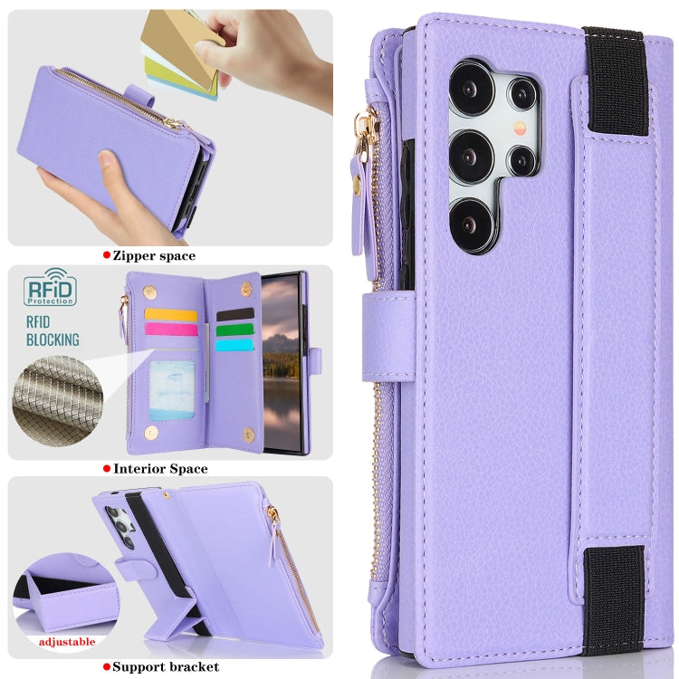 For Samsung Galaxy S24 Ultra 5G Wristband Holder Zipper Purse RFID Leather Phone Case(Purple) - Galaxy S24 Ultra 5G Cases by PMC Jewellery | Online Shopping South Africa | PMC Jewellery | Buy Now Pay Later Mobicred