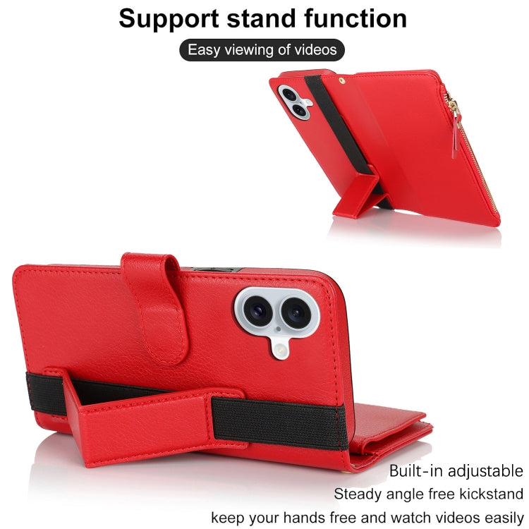 For iPhone 16 Plus Wristband Holder Zipper Purse RFID Leather Phone Case(Red) - iPhone 16 Plus Cases by PMC Jewellery | Online Shopping South Africa | PMC Jewellery | Buy Now Pay Later Mobicred