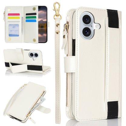 For iPhone 16 Plus Wristband Holder Zipper Purse RFID Leather Phone Case(White) - iPhone 16 Plus Cases by PMC Jewellery | Online Shopping South Africa | PMC Jewellery | Buy Now Pay Later Mobicred