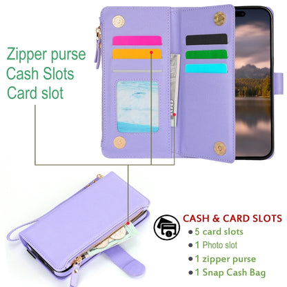 For iPhone 16 Pro Wristband Holder Zipper Purse RFID Leather Phone Case(Purple) - iPhone 16 Pro Cases by PMC Jewellery | Online Shopping South Africa | PMC Jewellery | Buy Now Pay Later Mobicred