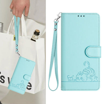 For Samsung Galaxy S25 5G Cat Rat Embossed RFID Leather Phone Case with Lanyard(Mint Green) - Galaxy S25 5G Cases by PMC Jewellery | Online Shopping South Africa | PMC Jewellery | Buy Now Pay Later Mobicred