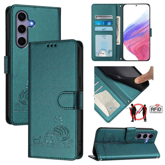 For Samsung Galaxy S25 5G Cat Rat Embossed RFID Leather Phone Case with Lanyard(Peacock Green) - Galaxy S25 5G Cases by PMC Jewellery | Online Shopping South Africa | PMC Jewellery | Buy Now Pay Later Mobicred