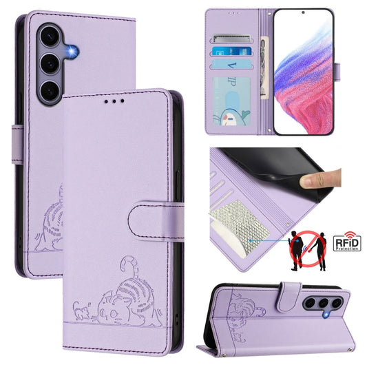 For Samsung Galaxy S25 5G Cat Rat Embossed RFID Leather Phone Case with Lanyard(Purple) - Galaxy S25 5G Cases by PMC Jewellery | Online Shopping South Africa | PMC Jewellery | Buy Now Pay Later Mobicred