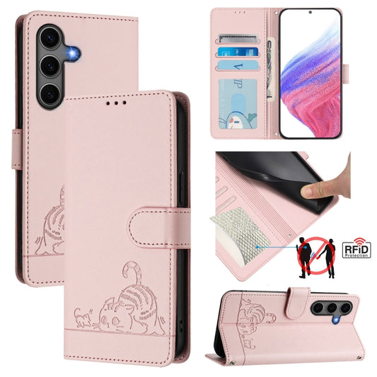 For Samsung Galaxy S25+ 5G Cat Rat Embossed RFID Leather Phone Case with Lanyard(Pink) - Galaxy S25+ 5G Cases by PMC Jewellery | Online Shopping South Africa | PMC Jewellery | Buy Now Pay Later Mobicred