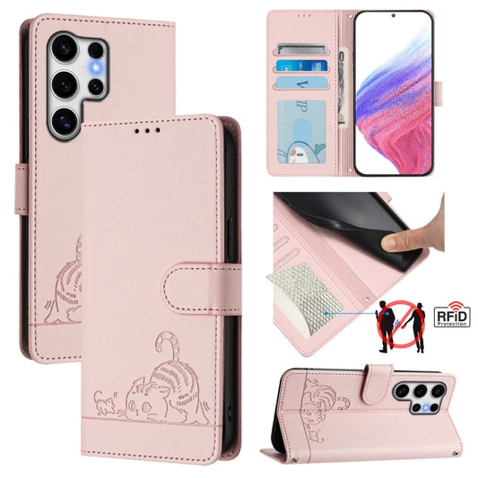 For Samsung Galaxy S25 Ultra 5G Cat Rat Embossed RFID Leather Phone Case with Lanyard(Pink) - Galaxy S25 Ultra 5G Cases by PMC Jewellery | Online Shopping South Africa | PMC Jewellery | Buy Now Pay Later Mobicred