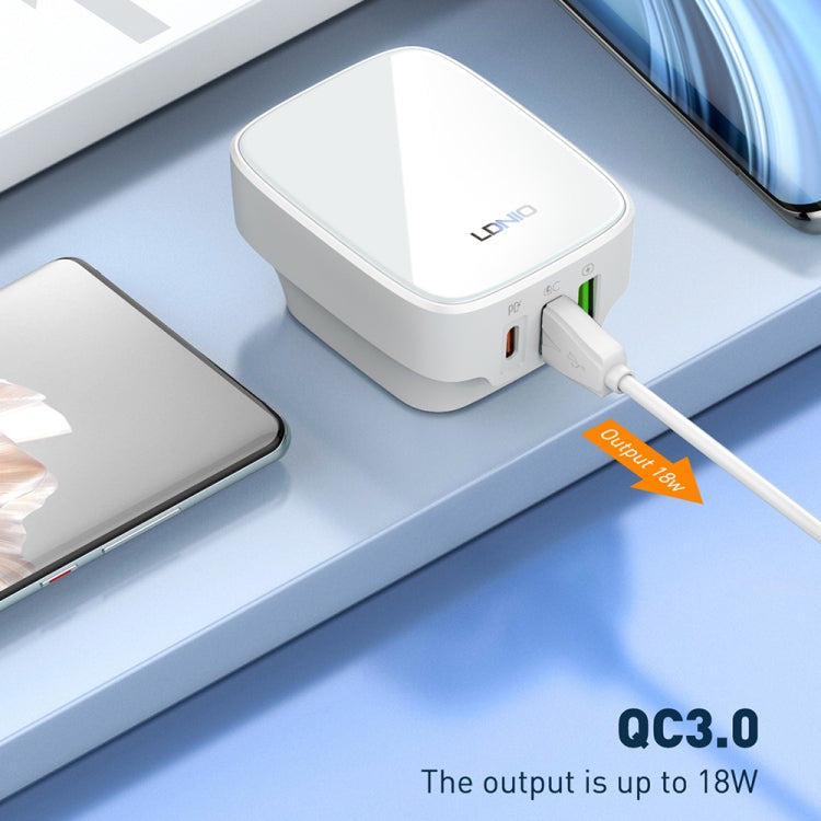 LDNIO Q334 32W Type-C + Dual USB Port Charger with 1m 8 Pin Data Cable, Plug Type:UK Plug(White) - USB Charger by LDNIO | Online Shopping South Africa | PMC Jewellery | Buy Now Pay Later Mobicred