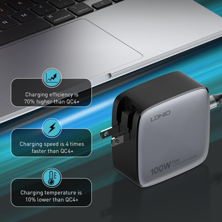 LDNIO Q408 100W GaN USB+3 USB-C / Type-C Interface Charger with 1m 100W USB-C / Type-C to USB-C / Type-C Data Cable, Plug Type:US Plug(Black) - free shipping - PMC Jewellery - Order now!