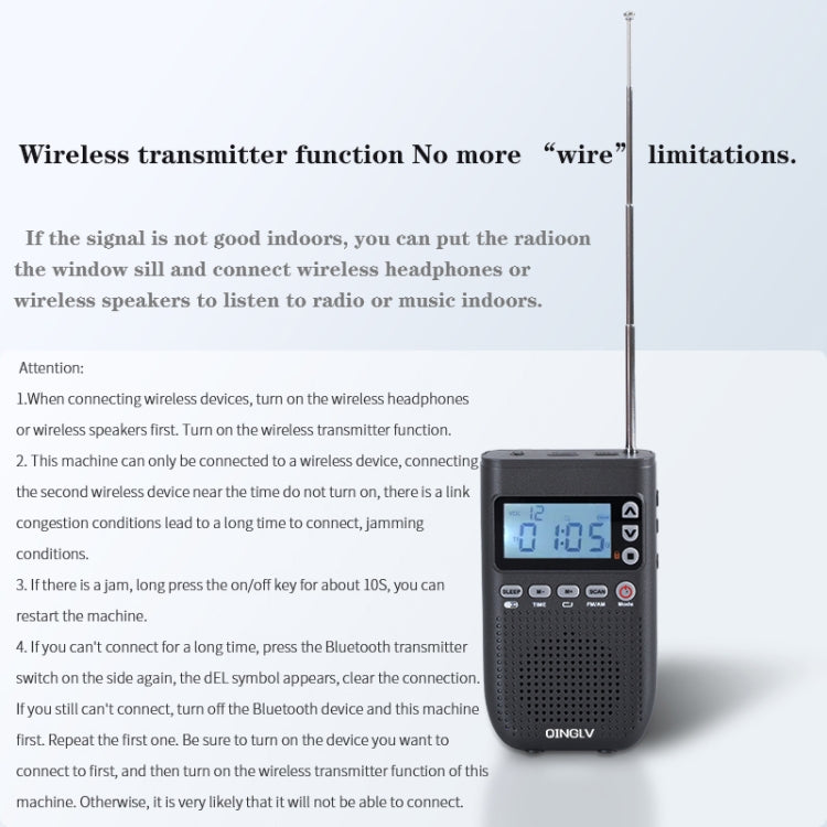 QINGLV QL-518 Portable Bluetooth Transmitter Radio Support FM / AM / MP3(Black) - Radio Player by PMC Jewellery | Online Shopping South Africa | PMC Jewellery | Buy Now Pay Later Mobicred