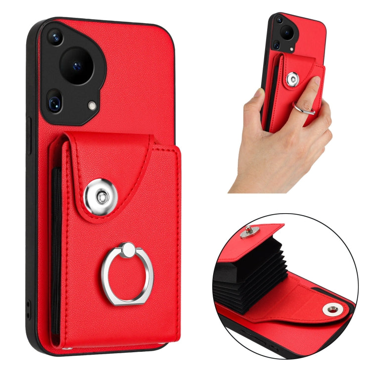 For Huawei Pura 70 Ultra Organ Card Bag Ring Holder Phone Case(Red) - Huawei Cases by PMC Jewellery | Online Shopping South Africa | PMC Jewellery | Buy Now Pay Later Mobicred