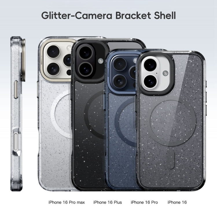 For iPhone 16 Plus Glitter Powder Lens Holder MagSafe Magnetic Phone Case(Transparent Black) - iPhone 16 Plus Cases by PMC Jewellery | Online Shopping South Africa | PMC Jewellery | Buy Now Pay Later Mobicred