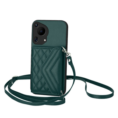 For Huawei Pura 70 Ultra Rhombic Texture Card Bag RFID Phone Case with Long Lanyard(Green) - Huawei Cases by PMC Jewellery | Online Shopping South Africa | PMC Jewellery | Buy Now Pay Later Mobicred