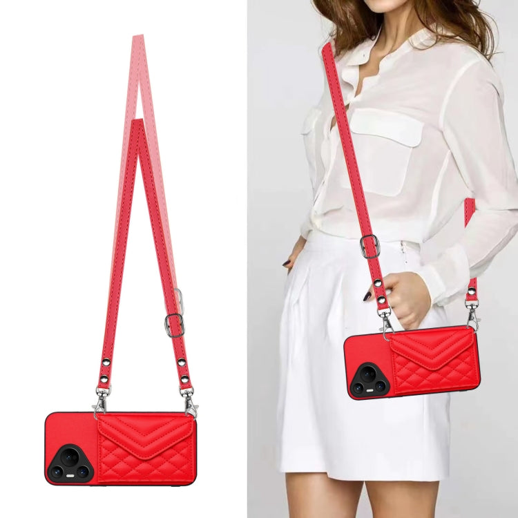 For Huawei Pura 70 Rhombic Texture Card Bag RFID Phone Case with Long Lanyard(Red) - Huawei Cases by PMC Jewellery | Online Shopping South Africa | PMC Jewellery | Buy Now Pay Later Mobicred