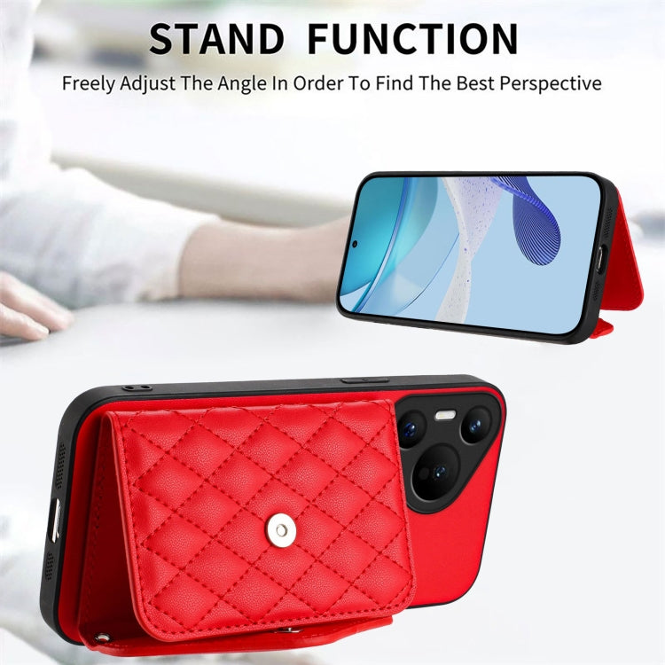 For Huawei Pura 70 Rhombic Texture Card Bag RFID Phone Case with Long Lanyard(Red) - Huawei Cases by PMC Jewellery | Online Shopping South Africa | PMC Jewellery | Buy Now Pay Later Mobicred