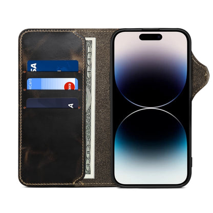 For iPhone 16 Denior B01 Oil Wax Cowhide Magnetic Button Genuine Leather Case(Black) - iPhone 16 Cases by Denior | Online Shopping South Africa | PMC Jewellery | Buy Now Pay Later Mobicred