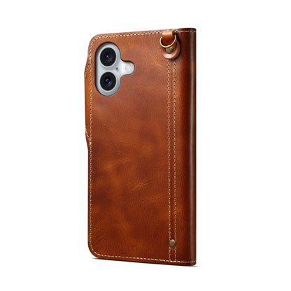 For iPhone 16 Denior B01 Oil Wax Cowhide Magnetic Button Genuine Leather Case(Brown) - iPhone 16 Cases by Denior | Online Shopping South Africa | PMC Jewellery | Buy Now Pay Later Mobicred