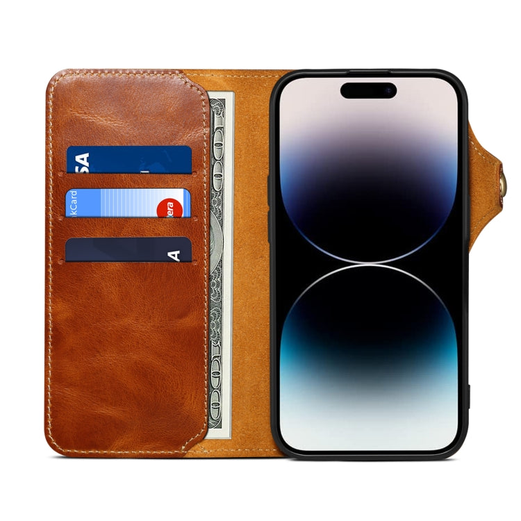 For iPhone 16 Denior B01 Oil Wax Cowhide Magnetic Button Genuine Leather Case(Brown) - iPhone 16 Cases by Denior | Online Shopping South Africa | PMC Jewellery | Buy Now Pay Later Mobicred