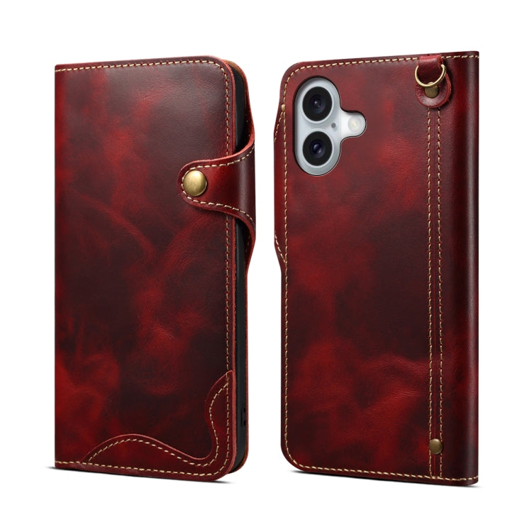 For iPhone 16 Plus Denior B01 Oil Wax Cowhide Magnetic Button Genuine Leather Case(Red) - iPhone 16 Plus Cases by Denior | Online Shopping South Africa | PMC Jewellery | Buy Now Pay Later Mobicred