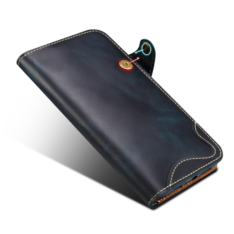 For iPhone 16 Plus Denior B01 Oil Wax Cowhide Magnetic Button Genuine Leather Case(Blue) - iPhone 16 Plus Cases by Denior | Online Shopping South Africa | PMC Jewellery | Buy Now Pay Later Mobicred