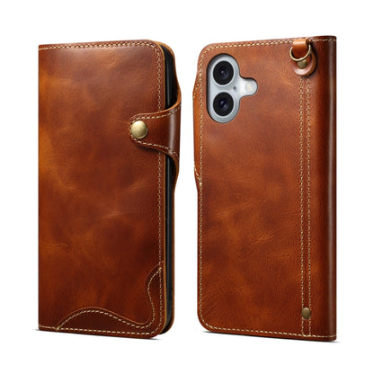 For iPhone 16 Plus Denior B01 Oil Wax Cowhide Magnetic Button Genuine Leather Case(Brown) - iPhone 16 Plus Cases by Denior | Online Shopping South Africa | PMC Jewellery | Buy Now Pay Later Mobicred