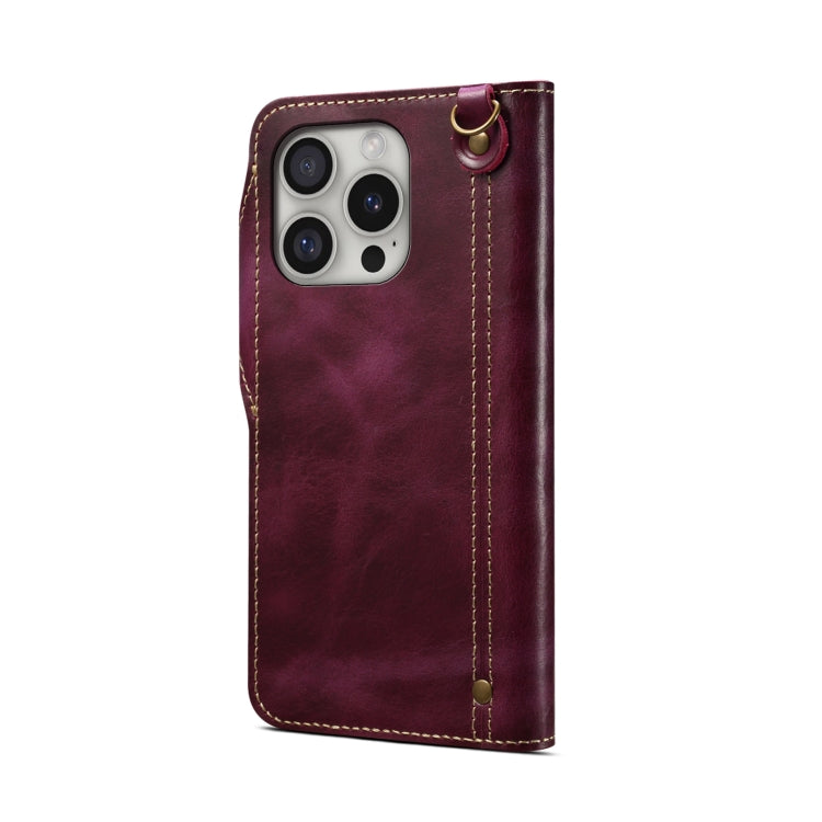 For iPhone 16 Pro Denior B01 Oil Wax Cowhide Magnetic Button Genuine Leather Case(Red) - iPhone 16 Pro Cases by Denior | Online Shopping South Africa | PMC Jewellery | Buy Now Pay Later Mobicred