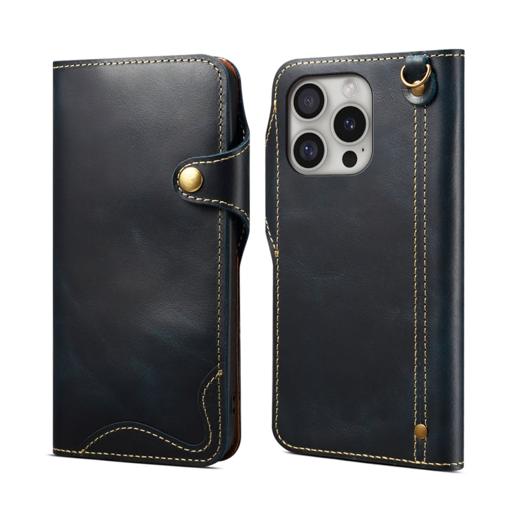 For iPhone 16 Pro Denior B01 Oil Wax Cowhide Magnetic Button Genuine Leather Case(Blue) - iPhone 16 Pro Cases by Denior | Online Shopping South Africa | PMC Jewellery | Buy Now Pay Later Mobicred