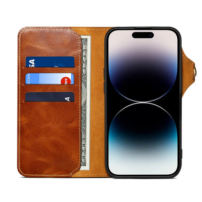 For iPhone 16 Pro Denior B01 Oil Wax Cowhide Magnetic Button Genuine Leather Case(Brown) - iPhone 16 Pro Cases by Denior | Online Shopping South Africa | PMC Jewellery | Buy Now Pay Later Mobicred