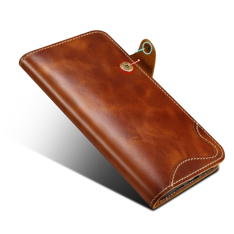 For iPhone 16 Pro Denior B01 Oil Wax Cowhide Magnetic Button Genuine Leather Case(Brown) - free shipping - PMC Jewellery - Order now!