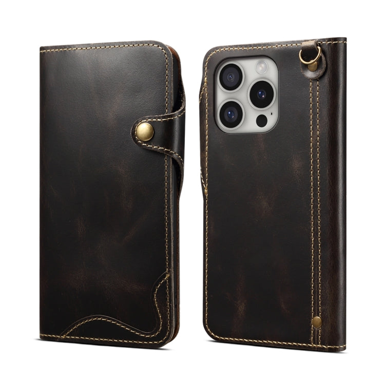 For iPhone 16 Pro Max Denior B01 Oil Wax Cowhide Magnetic Button Genuine Leather Case(Black) - iPhone 16 Pro Max Cases by Denior | Online Shopping South Africa | PMC Jewellery | Buy Now Pay Later Mobicred