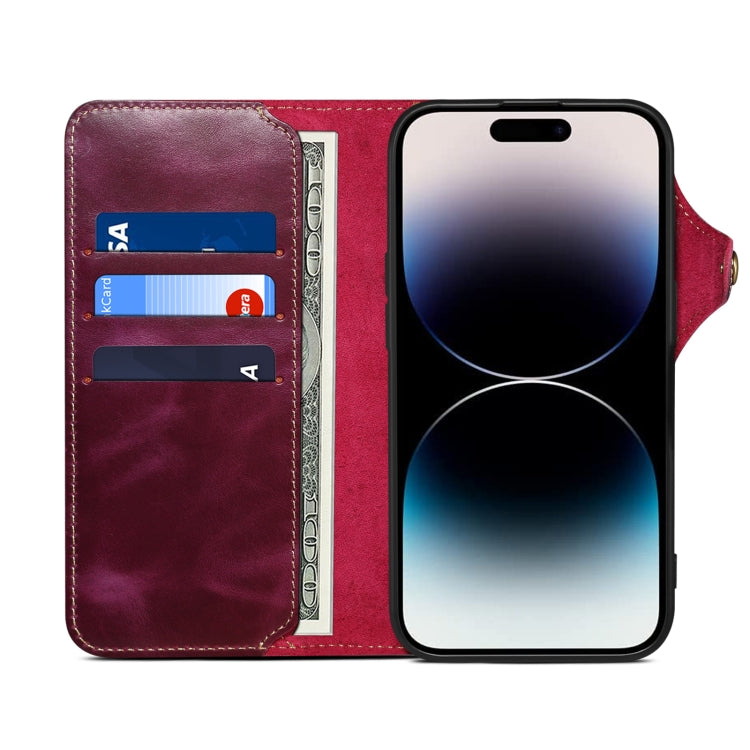 For iPhone 16 Pro Max Denior B01 Oil Wax Cowhide Magnetic Button Genuine Leather Case(Purple) - iPhone 16 Pro Max Cases by Denior | Online Shopping South Africa | PMC Jewellery | Buy Now Pay Later Mobicred