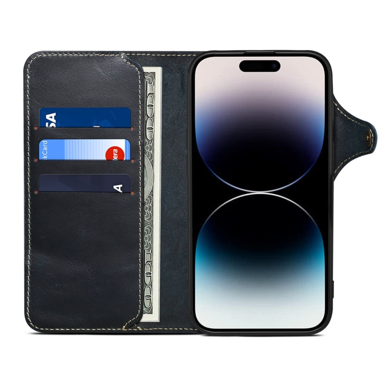 For iPhone 16 Pro Max Denior B01 Oil Wax Cowhide Magnetic Button Genuine Leather Case(Blue) - iPhone 16 Pro Max Cases by Denior | Online Shopping South Africa | PMC Jewellery | Buy Now Pay Later Mobicred