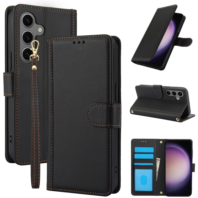 For Samsung Galaxy S25 5G Skin Feel Pure Color Card Slots Leather Phone Case with Dual Lanyard(Black) - Galaxy S25 5G Cases by PMC Jewellery | Online Shopping South Africa | PMC Jewellery | Buy Now Pay Later Mobicred