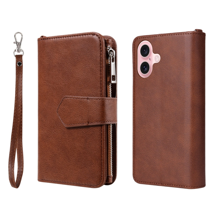 For iPhone 16 Solid Color 2 in 1 Zipper Shockproof Phone Case(Brown) - iPhone 16 Cases by PMC Jewellery | Online Shopping South Africa | PMC Jewellery | Buy Now Pay Later Mobicred