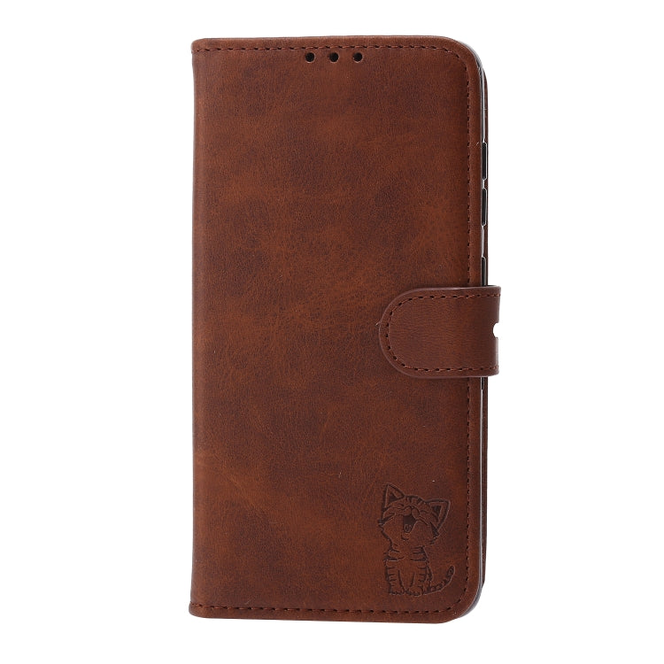 For Samsung Galaxy S25 5G Embossed Happy Cat Pattern Flip Leather Phone Case(Brown) - Galaxy S25 5G Cases by PMC Jewellery | Online Shopping South Africa | PMC Jewellery | Buy Now Pay Later Mobicred