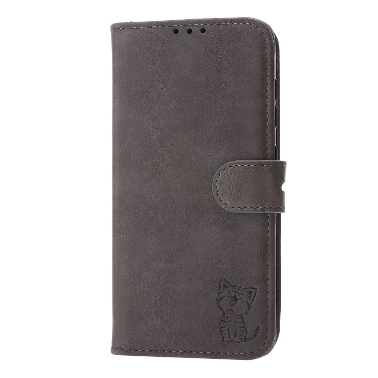 For Samsung Galaxy S25 5G Embossed Happy Cat Pattern Flip Leather Phone Case(Grey) - Galaxy S25 5G Cases by PMC Jewellery | Online Shopping South Africa | PMC Jewellery | Buy Now Pay Later Mobicred