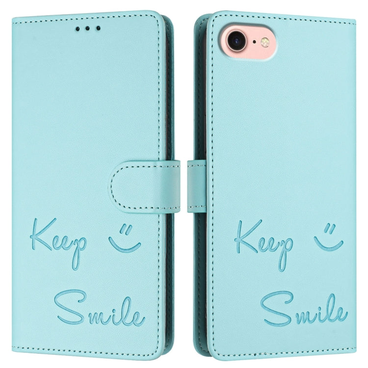 For iPhone 16e Smile Embossing RFID Leather Phone Case(Mint Green) - iPhone 16e Cases by PMC TechLife | Online Shopping South Africa | PMC TechLife | Buy Now Pay Later Mobicred