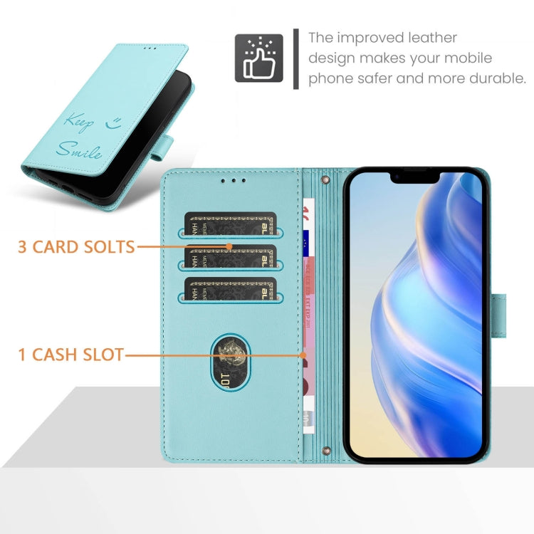 For iPhone 16e Smile Embossing RFID Leather Phone Case(Mint Green) - iPhone 16e Cases by PMC TechLife | Online Shopping South Africa | PMC TechLife | Buy Now Pay Later Mobicred