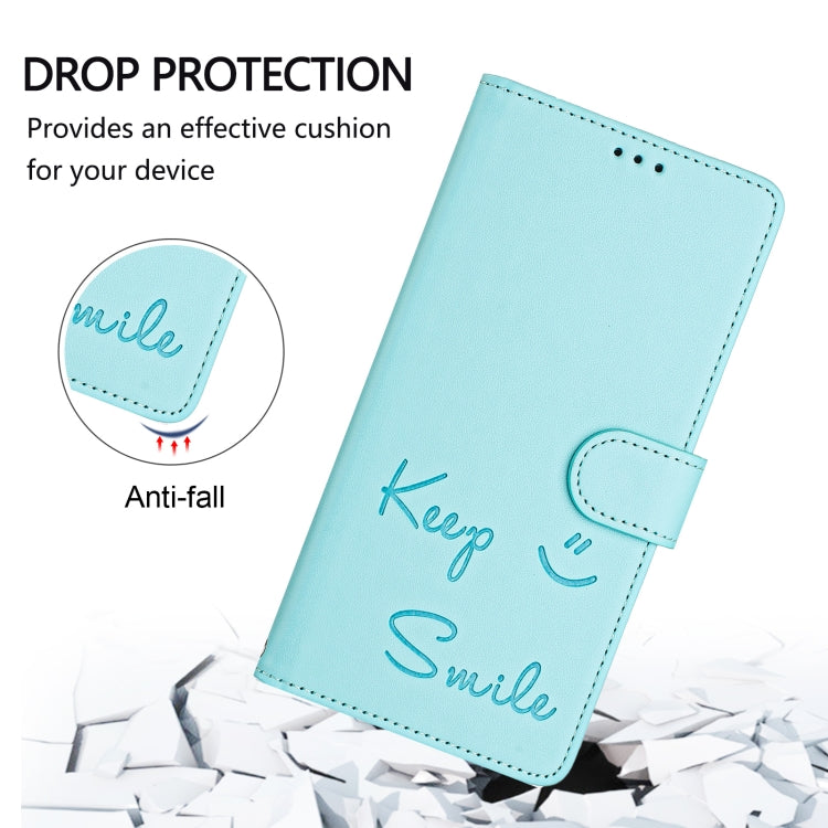 For iPhone 16e Smile Embossing RFID Leather Phone Case(Mint Green) - iPhone 16e Cases by PMC TechLife | Online Shopping South Africa | PMC TechLife | Buy Now Pay Later Mobicred