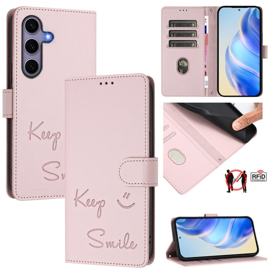 For Samsung Galaxy S25 5G Smile Embossing RFID Leather Phone Case(Pink) - Galaxy S25 5G Cases by PMC Jewellery | Online Shopping South Africa | PMC Jewellery | Buy Now Pay Later Mobicred