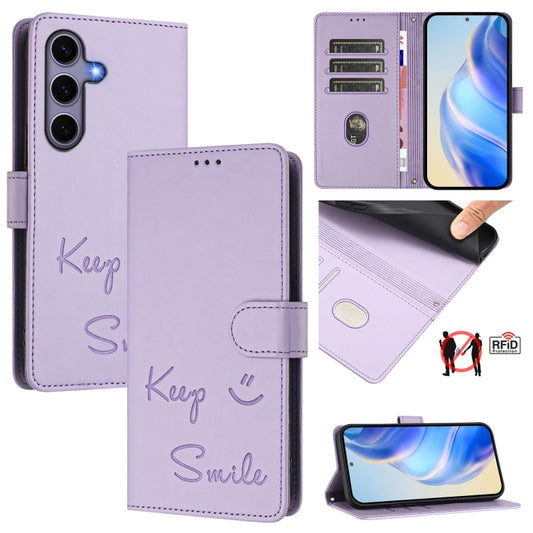 For Samsung Galaxy S25 5G Smile Embossing RFID Leather Phone Case(Light Purple) - Galaxy S25 5G Cases by PMC Jewellery | Online Shopping South Africa | PMC Jewellery | Buy Now Pay Later Mobicred