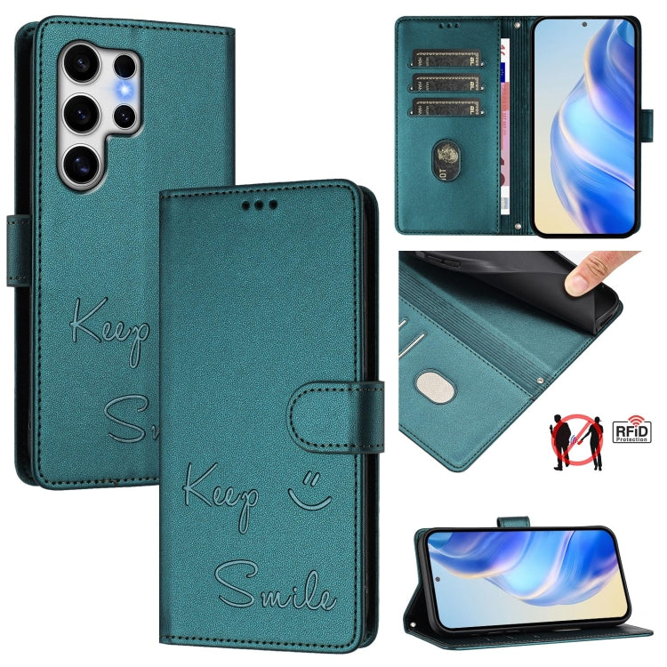 For Samsung Galaxy S25 Ultra 5G Smile Embossing RFID Leather Phone Case(Peacock Green) - Galaxy S25 Ultra 5G Cases by PMC TechLife | Online Shopping South Africa | PMC TechLife | Buy Now Pay Later Mobicred