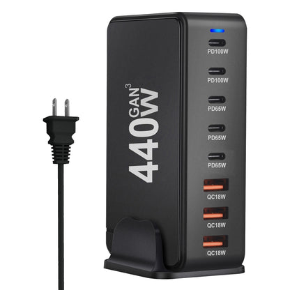 440W GaN USB Power Adapter Travel Charger with 3 x USB, 5 x PD Port, Plug:US Plug(Black) - Multifunction Charger by PMC Jewellery | Online Shopping South Africa | PMC Jewellery | Buy Now Pay Later Mobicred