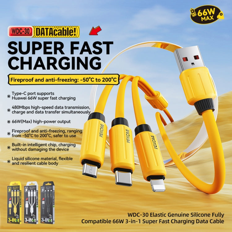 WK WDC-30 Elastic Silicone 1.2m 66W USB to 8 Pin / Type-C / Micro USB Fast Charging Data Cable(Yellow) - Multifunction Cable by WK | Online Shopping South Africa | PMC Jewellery | Buy Now Pay Later Mobicred